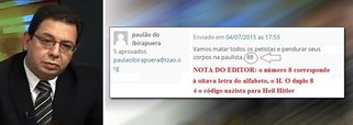 Eduardo Guimarães, do Blog da Cidadania, pretende tomar as "medidas legais" contra um usuário que publicou "14 comentários obscenos e ameaçadores" em um post de sua página; entre as ameaças, está o assassinato de petistas e a retirada do site do ar, entre outros comentários absurdamente sexistas contra a presidente Dilma
 
 
 