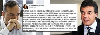 Em texto publicado no Facebook, Flavia Francischini, mulher de Fernando Francischini, secretário de Segurança, faz críticas indiretas ao grupo político do tucano Beto Richa pela violenta ação da Polícia Militar contra a manifestação de professores em Curitiba: “Um bom político trabalha e age por si só, não depende de homens sujos, covardes, que não honram as calças que vestem e precisam agir sempre em grupo, ou melhor quadrilha”; secretário deve cair a qualquer momento 