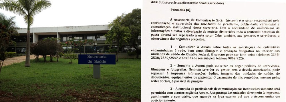 Secretaria de Saúde do Distrito Federal mantém em vigor uma circular semelhante à publicada pela Educação para vetar servidores da pasta a divulgar à imprensa informações, áudios, imagens das unidades, documentos ou dados de pacientes sem autorização da Assessoria de Comunicação; o texto diz que vazamento desses conteúdos, mesmo por redes sociais, pode gerar punição; sindicato da categoria concorda que paciente não deve ser exposto, mas acha necessário levar à imprensa dados sobre falta de medicamentos e más condições de trabalho 