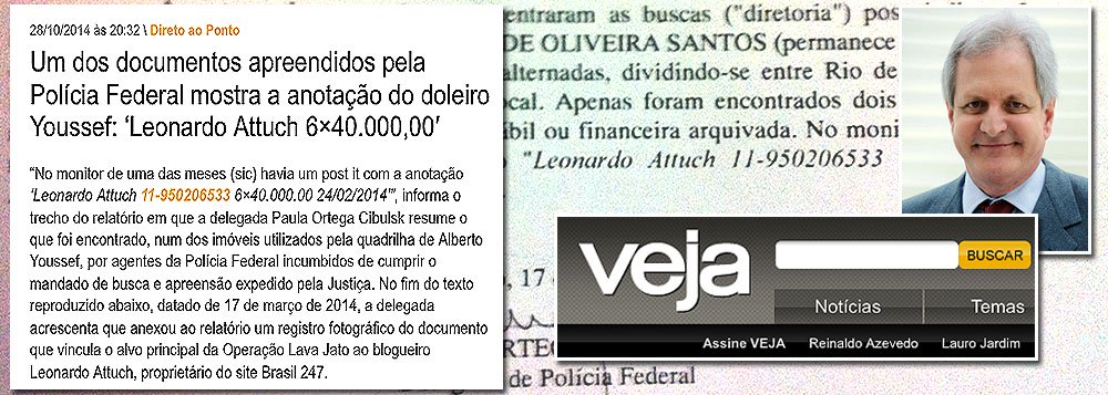 Jornalista Augusto Nunes, de Veja.com, publicou acusação falsa, em seu blog, sobre suposta anotação do doleiro Alberto Yousseff relacionada ao jornalista Leonardo Attuch, fundador e editor-responsável pelo 247; assim como a Editora Abril, que já responde pelos crimes cometidos durante o processo eleitoral, Nunes também será acionado judicialmente
