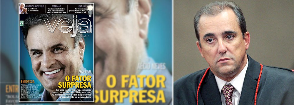 Ministro Admar Gonzaga determinou que a revista retire do ar propaganda que favorece a candidatura de Aécio Neves (PSDB); na peça, Veja afirma que o tucano vai tirar a Petrobras das mãos de uma "quadrilha"; "Entendo que a transmissão dessa publicidade por meio de rádio, ou seja, de um serviço que é objeto de concessão pelo Poder Público e de grande penetração, desborda do seu elevado mister de informar, com liberdade, para convolar-se em publicidade eleitoral em favor de uma candidatura em detrimento de outra", afirma o relator; decisão atende representação da coligação de Dilma Rousseff