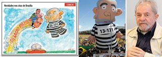 Charge de Caruso, editorial de João Roberto Marinho e coluna de Merval Pereira sinalizam que os Marinho, a família midiática mais poderosa do mundo, desejam que a alegoria usada nos protestos, com um ex-presidente Lula vestido de presidiário, se torne realidade; enquanto Caruso aponta que a delação de Nestor Cerveró poderá atingir Lula, editorial fala em "alegadas palestras" a empreiteiras e Merval comemora a "dessacralização" do ex-presidente; boneco usado nos protestos custou R$ 12 mil e, segundo os responsáveis, fará um tour pelo Brasil nas próximas semanas, acompanhado de uma cela; Lula deixou o Palácio do Planalto como o presidente mais popular da história do País, mas é forte a pressão para que seja colocado atrás das grades