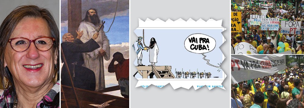 Em charge publicada nesta terça (21), na Folha de São Paulo, cartunista Laerte associa o processo de linchamento político por que passam os petistas ao enforcamento e esquartejamento sofrido por Tiradentes, o homenageado pelo feriado nacional; na charge, vê-se Tiradentes, já no patíbulo, com o laço da corda sendo amarrado por um dos dois soldados que o ladeiam, quando, da platéia, alguém grita: "Vai pra Cuba!", frase comum nas manifestações contra o governo, que ganharam as ruas nos últimos dois meses; naquela época, os inconfidentes sofreram processos, condenações, perseguições e o degredo, mas só Tiradentes foi enforcado, esquartejado e teve seus restos espalhados pelas vias públicas para que servisse de exemplo aos demais; será que o PT passa pelo mesmo processo?