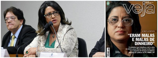 Em depoimento à CPI Mista da Petrobras, contadora Meire Poza desmente reportagem de Veja, publicada às vésperas do primeiro turno; em vários momentos do seu depoimento, ela frustrou parlamentares, ao sugerir que a reportagem sobre "malas de dinheiro" pagas a parlamentares é fantasiosa; "isso é a Veja, não o que eu disse"; sobre parlamentares, ela afirma ter pago apenas o voo de André Vargas num jatinho e o helicóptero dado a Luiz Argôlo; ela também negou que Youssef tivesse ascendência sobre prefeituras do PT, conforme publicado por Veja; e negou "chantagem" de Enivaldo Quadrado, doleiro condenado no "mensalão", sobre o PT; "não tenho conhecimento"; CPI frustrada com balde de água fria da contadora