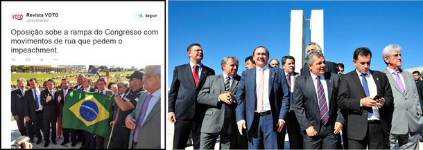 Após uma marcha de um mês de São Paulo a Brasília, integrantes do Movimento Brasil Livre (MBL) protocolaram nesta quarta (27) na Câmara dos Deputados um pedido de impeachment da presidente Dilma Rousseff; os manifestantes foram recebidos por deputados de partidos da oposição, incluindo PSDB, DEM e PPS, na rampa do Congresso; de lá, seguiram para uma audiência com o presidente da Câmara, Eduardo Cunha (PMDB-RJ); mais cedo, os manifestantes fecharam três das seis faixas da Esplanda dos Ministérios; a Polícia Militar estimou entre 300 e 400 o número de participantes do ato