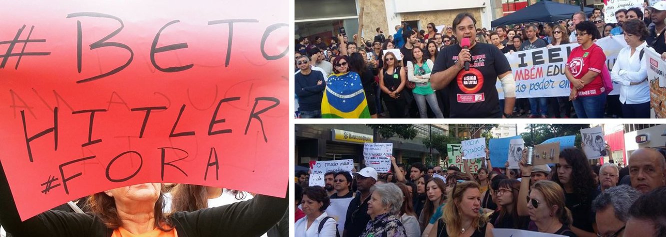 Um grupo de manifestantes tentou invadir a Assembleia Legislativa e o Palácio Iguaçu, sede do governo do Paraná; a investida ocorreu durante ato em apoio aos professores; de acordo com o tenente da Polícia Militar Cretã Batista, cerca de 2 mil pessoas participam do protesto; um estudante foi preso pelos seguranças dos órgãos; no ato, estudantes gritam frases como "Beto Richa, fascista", "Não sou bandido e nem animal, então me explica a repressão policial" e "Não tem arrego, você tira a educação e eu tiro o seu sossego"