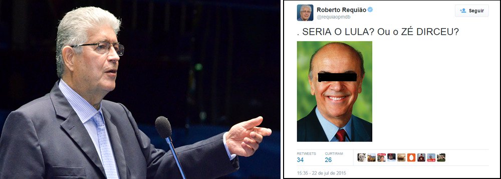 O senador Roberto Requião (PMDB) ironizou, em seu Twitter, a omissão do nome do senador José Serra (PSDB) nos arquivos da Polícia Federal que revelaram emails do empresário Marcelo Odebrecht; Requião postou uma foto do rosto de Serra, com os olhos cobertos com uma tarja preta e afirmou: "Quem cobriu com tarja preta o nome de José Serra no documento da PF, quer seja da PF ou do Estadão, é um completo e perfeito idiota"