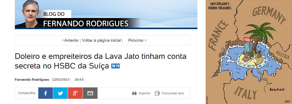 Miguel do Rosário, do blog ‘O Cafezinho’, questiona decisão do jornalista Fernando Rodrigues, do UOL, de divulgar apenas os nomes envolvidos no Swissleaks que também constam no inquérito da operação Lava Jato: “Em outras palavras, os nomes apenas serão divulgados se puderem ser usados para jogar lenha em algum escândalo da imprensa e incorporados a alguma narrativa midiática”