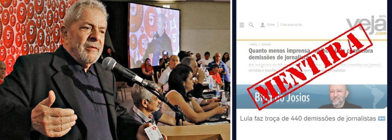 Entidade chama de "mentira" matéria publicada pelo jornalista Josias de Souza, do UOL, que disse que o ex-presidente "fez troça de 440 demissões de jornalistas" durante discurso no Congresso do PT em Salvador; "Lula denunciou os patrões da imprensa, que demitem jornalistas em massa porque não são capazes de enfrentar a crise do setor e jogam a conta nas costas dos trabalhadores", responde a assessoria do Instituto Lula, publicando a declaração completa do petista