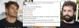 Intolerância: o ator Dado Dolabella, que já foi acusado três vezes de agredir ex-namoradas, decidiu partir para cima do ator e poeta Gregório Duvivier; o motivo é o fato de Duvivier, integrante do Porta dos Fundos, declarar apoio à reeleição da presidente Dilma Rousseff; "Na boa, alguém que fala 'estou com Dilma', para mim, soa tipo: 'estou com ebola'. Digno de pena e reclusão da sociedade. Um marginal", escreveu Dolabella em sua página no Facebook; nesta manhã, 247 noticiou que Duvivier foi agredido verbalmente, num restaurante do Leblon, por outro brucutu de extrema direita; neofascistas estão à solta