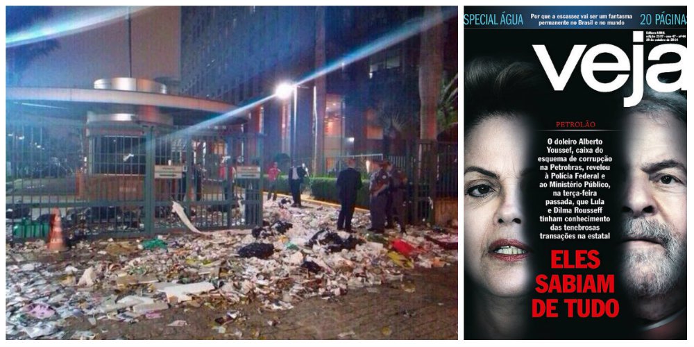 Fotos que circulam nas redes sociais mostram a portaria do prédio em São Paulo com pichações e pedaços da publicação, que traz denúncia sem provas (como a própria revista admitiu) contra a presidente Dilma Rousseff e o ex-presidente Lula, distrituída às vésperas do segundo turno
