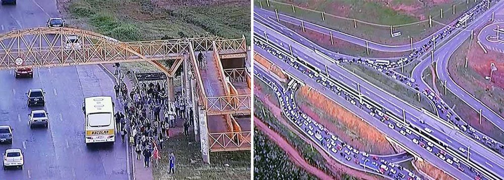 Motoristas e cobradores do transporte público do Distrito Federal cruzaram os braços em protesto por 20% de reajuste salarial e 30% no tíquete refeição e plano de saúde familiar; as empresas oferecem 8,34% de reajuste nos salários com base no INPC; são prejudicados mais de 1 milhão de passageiros de todas as regiões administrativas do DF; com a paralisação, a categoria descumpre a liminar do TRT que determina que 70% dos ônibus circulem em horário de pico e 50% no entrepico