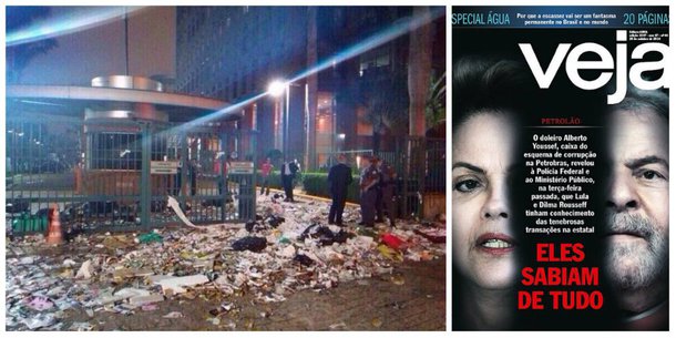 Fotos que circulam nas redes sociais mostram a portaria do prédio em São Paulo com pichações e pedaços da publicação, que traz denúncia sem provas (como a própria revista admitiu) contra a presidente Dilma Rousseff e o ex-presidente Lula, distrituída às vésperas do segundo turno