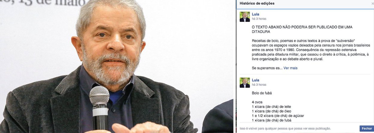 Ex-presidente postou uma receita de bolo de fubá em sua página no Facebook; longe de ser uma sandice, a postagem era uma crítica contra a censura durante o regime miltar, quando os jornais ocupavam o espaço das matérias censuradas com receitas, poemas e outros textos do tipo, além de funcionar como um convite para o lançamento do site Memorial da Democracia, mantido pelo Instituto Lula, que acontecerá em setembro