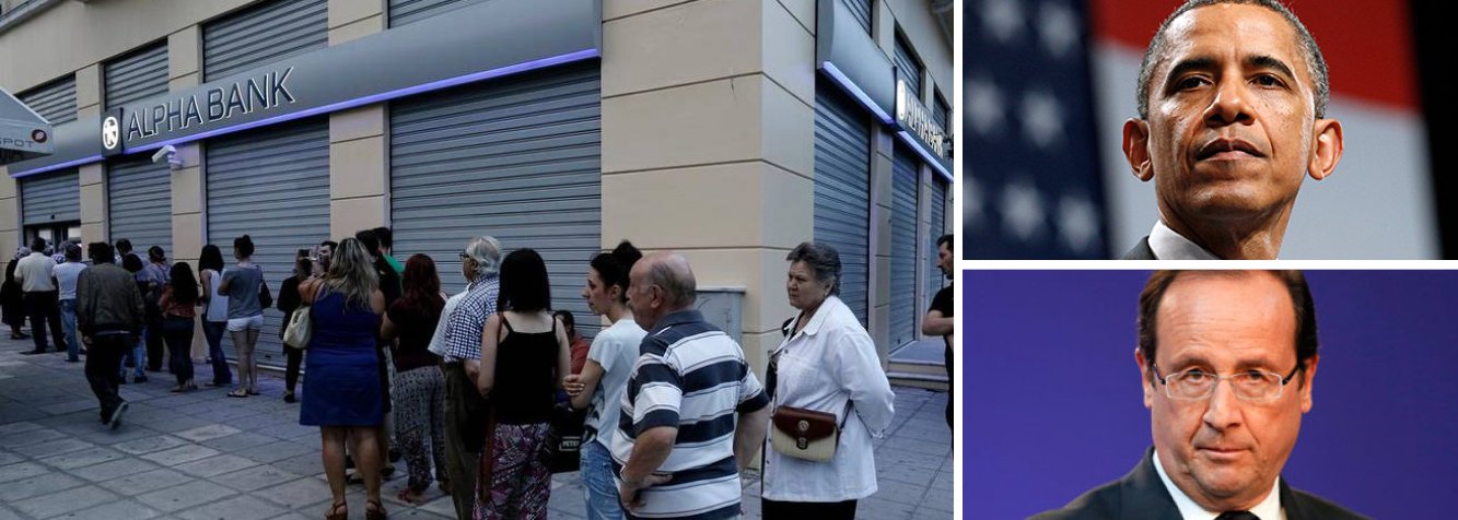 O presidente dos Estados Unidos, Barack Obama, e o presidente da França, François Hollande, discutiram a crise da dívida da Grécia ao telefone e concordaram que é importante formular um pacote de reformas para que o país volte a crescer de forma sustentável, informou a Casa Branca nesta segunda-feira, 29; porta-voz da Casa Branca, Josh Earnest, disse que cumprir essa meta "condiz com o interesse de todos os presentes na mesa de negociação"; Grécia decretou feriado bancário nesta segunda-feira e já sinalizou que não irá pagara parcela de 1,6 bilhão de euros devida ao Fundo Monetário Internacional (FMI), que vence na terça-feira