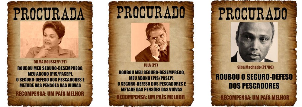 Cartazes que estavam com sindicalistas da Força Sindical ontem na Câmara apareceram hoje colados em postes na capital paulista; imagens trazem fotos de Lula, Dilma e deputados petistas, como o líder do partido na Câmara, Sibá Machado (AC), junto a frases como "roubou meu seguro-desemprego", "roubou o seguro-defeso dos pescadores"; diretório estadual da legenda prometeu processar os responsáveis