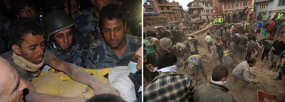 Um menino de 15 anos foi retirado com vida dos escombros do Hotel Hilton de Katmandu nesta quinta-feira, cinco dias após o forte terremoto que provocou enorme devastação no Nepal e matou cerca de 5.500 pessoas; sobrevivente Pema Lama foi resgatado pela polícia do Nepal e levado de maca para uma ambulância