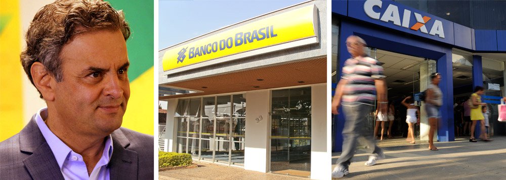 "Os bancos públicos serão fortalecidos e profissionalizados", garante o candidato em vídeo, contra o que chama de "boatos" dos adversários; tucano pede apoio dos bancários das duas instituições ressaltando que elas "vão sair da política para voltar a ser cada vez mais instrumentos do desenvolvimento econômico e social do País"; Aécio Neves (PSDB) lembra ter trabalhado na Caixa e diz saber que os bancos públicos são "fundamentais" para a melhoria da condição de vida dos brasileiros