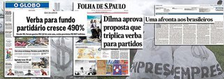 Em uníssono, Globo, Folha e Estado de S. Paulo gritam contra a decisão do Congresso, sancionada pela presidente Dilma Rousseff, de elevar os recursos do fundo partidário; Globo segue hoje a linha aberta pela Folha ontem e aponta expansão de 490% das verbas; Estado, em editorial, fala em "afronta aos brasileiros"; a questão, no entanto, é outra: no momento em que doações oficiais de empresas são criminalizadas pela Lava Jato e que, portanto, todas as companhias minimamente sérias se recusarão a realizar doações, quem irá financiar a política e a própria democracia?; a depender do que pregam os jornais, o dinheiro virá do caixa dois e do submundo do crime