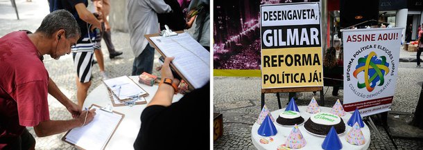 Dezenas de pessoas defenderam em praça pública, no centro do Rio, a retomada do julgamento da Ação Direta de Inconstitucionalidade (Adin) 4.650, interrompido há um ano por pedido de vista do pelo ministro do STF Gilmar Mendes; a ação, ajuizada pela Ordem dos Advogados do Brasil (OAB), foi apresentada em 2011 e determina o fim do financiamento empresarial de campanhas políticas; houve manifestação também na Praça dos Três Poderes, em Brasília
 