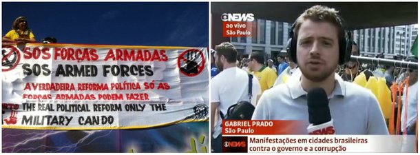 Cobertura da emissora dos protestos deste domingo não questiona, nem explica o motivo de um número substancialmente menor de pessoas ter ido às ruas, em comparação a março, mas libera o áudio dos protestos pedindo "fora PT" e "fora Dilma" e lê cartazes sobre impeachment; apresentador ignora, porém, cartaz em defesa da "mídia sob ataque" e que pede o golpe militar