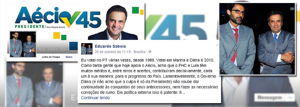 Responsável pela maior crise no Itamaraty, ao ajudar na fuga do senador boliviano Roger Pinto, diplomata Eduardo Saboia declarou no Facebook apoio ao tucano Aécio Neves: "Votarei em Aécio com convicção, identifico nele pessoa capaz de trabalhar para que superemos a polarização exagerada entre o PT e o PSDB, apontada por Eduardo Campos e Marina Silva", postou ele, com uma foto ao lado do candidato do PSDB