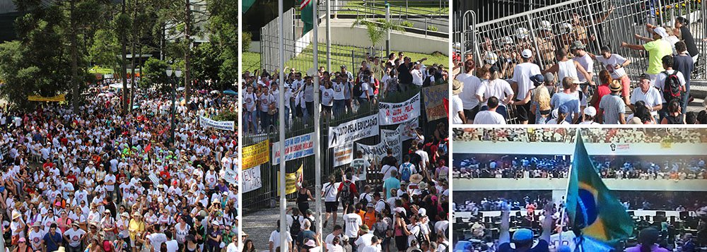 Além de vários manifestantes invadirem a Assembleia do Paraná, a oposição revolveu boicotar a votação do pacote de ajustes financeiros do governo Beto Richa (PSDB) e pretende ir ao Judiciário; professores e outros funcionários públicos já tinham ocupado o Legislativo obrigando os deputados a se refugiarem numa sala contígua ao local; portas e vidraças da sala de imprensa foram destruídas; manifestantes montaram barracas nos corredores e nas rampas de acesso da assembleia; uma das medidas prevê a retirada de R$ 8 bi da poupança previdenciária para cobrir o rombo da folha atual