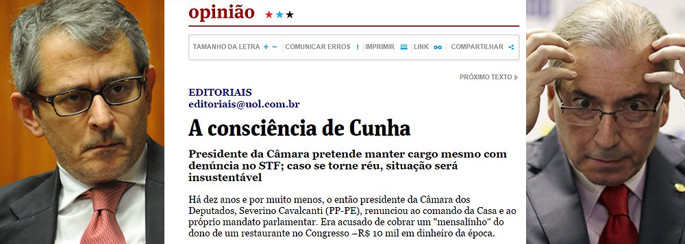 ‘Se o plenário do STF julgar que existem elementos suficientes para receber a denúncia, dando início ao processo penal, Eduardo Cunha precisará deixar o comando da Casa. Espera-se que ele e seus pares tenham consciência disso’, diz Otavio Frias, da ‘Folha de S. Paulo’