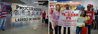 Integrantes da CUT)realizaram mais uma mobilização na área de desembarque do Aeroporto Internacional Juscelino Kubitschek, em Brasília, contra o projeto de lei que amplia e regulariza os contratos de terceirização de trabalhadores às empresas; o grupo já havia se mobilizado no local para protestar contra o projeto, no começo deste mês; enquanto entregavam panfletos aos passageiros que chegavam em Brasília, os manifestantes diziam "Não à retirada de direitos, não à precarização"