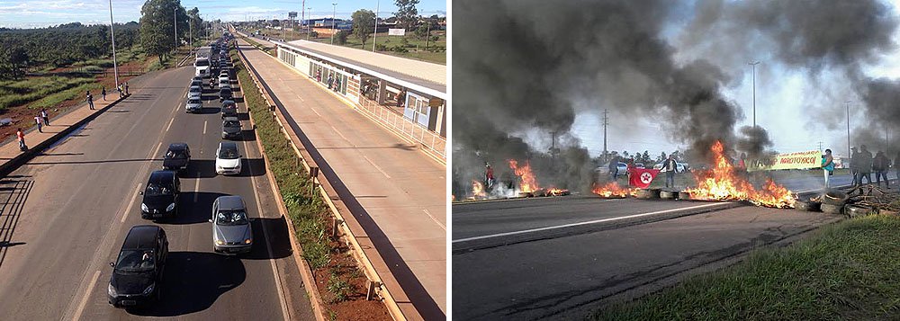 Um grupo de 30 manifestantes ligados à Frente Nacional de Luta Campo e Cidade (FNL) e ao MST fecharam a Epia Sul, no Distrito Federal; eles pedem ao governo do Distrito Federal (GDF) áreas de assentamento; o congestionamento chegou a cerca de 10 quilômetros, depois que os participantes do protestos bloquearam a via com fogo