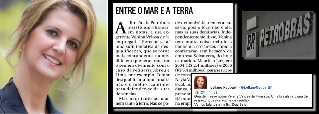 "Guardem esse nome: Venina Velosa da Fonseca. Uma brasileira digna de respeito, que nos enche de orgulho", anunciava pelo Twitter a jornalista Leilane Neubarth, da Globonews, antes de apresentá-la ao distinto público; agora, sabe-se que Venina fez dois contratos sem licitação com a empresa do ex-marido, que somam R$ 7,8 milhões; o que Leilane diria a respeito?