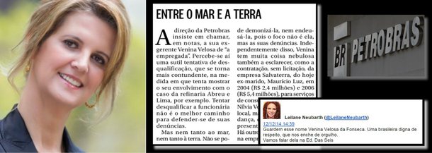 "Guardem esse nome: Venina Velosa da Fonseca. Uma brasileira digna de respeito, que nos enche de orgulho", anunciava pelo Twitter a jornalista Leilane Neubarth, da Globonews, antes de apresentá-la ao distinto público; agora, sabe-se que Venina fez dois contratos sem licitação com a empresa do ex-marido, que somam R$ 7,8 milhões; o que Leilane diria a respeito?
