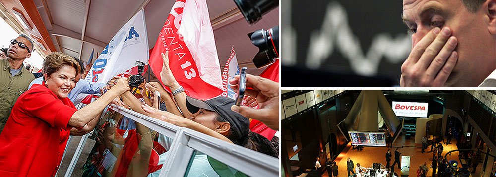 Soma da pesquisa Datafolha com 40% de intenções para a presidente Dilma Rousseff, promessa não cumprida da revista Veja de lançar uma bomba sobre a sucessão e fiasco de Marina Silva no último debate entre candidatos agitam mercado financeiro; depois de cair 5,4%, Ibovespa fechou o dia com perdas de 4,52%, aos 54.625 pontos, pior pregão em mais de três anos; ações da Petrobras caíram 11%, liderando as perdas do dia; investidores e especuladores contabilizam chance cada vez mais alta de Dilma liquidar a eleição já no domingo 5; mercado nunca escondeu mau humor com a presidente