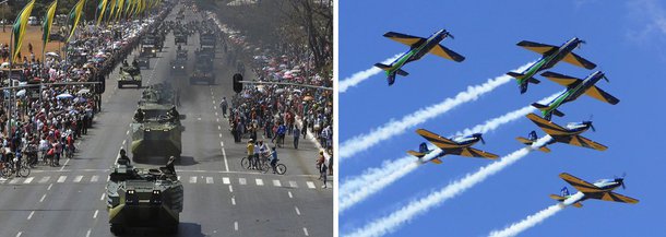 O Ministério da Defesa calcula que 30 mil pessoas deverão assistir o desfile deste domingo, 7 de setembro, na esplanada dos Ministérios, em Brasília; o público terá arquibancadas para 22 mil pessoas instaladas por 2 quilômetros; desfile será dividido em duas partes: a cívico-escolar com a participação de estudantes de escolas do Distrito Federal e a cívico-militar,com integrantes da Marinha, do Exército, da Aeronáutica, Polícia Militar e do Corpo de Bombeiros do Distrito Federal e da Força Nacional de Segurança Pública; na segunda parte o público poderá conferir a apresentação da pirâmide humana do Batalhão de Polícia do Exército e o desfile aéreo que vai contar com número maior de aviões