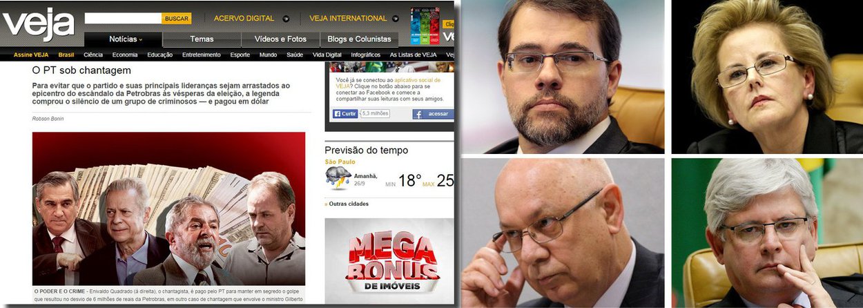 Revista foi condenada a publicar direito de resposta em decisão tomada na noite da quinta-feira 25, no Tribunal Superior Eleitoral; reportagem dizia respeito a suposta chantagem, paga em dólar, para que dirigentes do partido, incluindo o ex-presidente Lula, não fossem arrastados para a Operação Lava-Jato; derrota da revista da Marginal Pinheiros foi acachapante; contou com parecer favorável do procurador-geral Rodrigo Janot, os votos de três ministros do Supremo Tribunal Federal (Dias Toffoli, Teori Zavascki e Rosa Weber), além dos outros quatro integrantes do tribunal; "Não está em jogo a liberdade de expressão, mas sim o direito de resposta", ressaltou Toffoli; Veja tem histórico de derrotas na Justiça