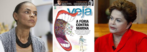 Edição desta semana acusa o PT de promover baixarias e disseminar mentiras contra a candidata Marina Silva, do PSB; uma dessas mentiras, segundo Veja, é o fato de Marina ser sustentada por uma banqueira; o problema central da reportagem é que as mentiras são verdades (basta lembrar que Neca Setubal, herdeira do Itaú, bancou 83% dos gastos do instituto de Marina) e que o confronto de ideias e posições faz parte do processo democrático; capa de Veja é reação da Marginal Pinheiros às mais recentes pesquisas sobre a sucessão presidencial, que voltam a apontar o favoritismo de Dilma