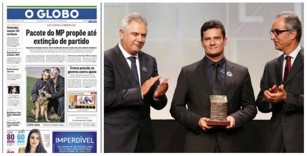 Jornal dos irmãos Marinho, que premiou o juiz federal Sérgio Moro, responsável pela operação Lava Jato, com o título de personalidade de 2014, destaca na manchete deste sábado o polêmico pacote do procurador-geral da República, Rodrigo Janot, que prevê que partidos acusados de corrupção percam seus registros; até agora, só as doações das empreiteiras ao PT, ao contrário das feitas a outras siglas, estão sendo classificadas como propina; “Esse projeto dialoga com os tucanos. Isso aí é uma provocação”, rebateu o líder do PT na Câmara, Sibá Machado (AC); segundo ele, não se pode criminalizar o fato de os partidos receberem dinheiro por meios legais