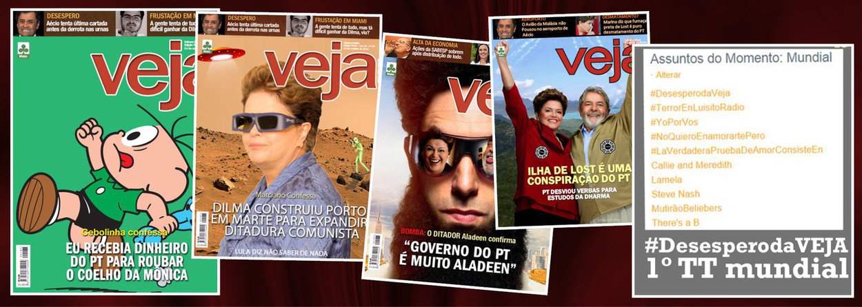 Tentativa criminosa de interferir nas eleições presidenciais, com a denúncia sem provas antecipada para a noite de ontem, produziu efeito inverso ao desejado pela família Civita; em vez de gerar uma onda de indignação pelo País, produziu centenas de paródias que se espalham pela internet; numa das "capas", Cebolinha confessa ter recebido dinheiro do PT para roubar o coelhinho da Mônica; hashtag #DesesperodaVeja chegou a figurar entre os "trending topic" globais, ou seja, os assuntos mais comentados no Twitter no mundo; atentado democrático cometido por Veja arrasta o que restava de sua reputação para a lama e não mexeu nos resultados eleitorais; ao contrário