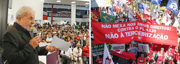 O ex-presidente Lula participará da manifestações pela passagem do Dia do Trabalhador, nesta sexta-feira, 1º de Maio, em São Paulo; a data terá marcha contra a retirada de direitos que o PL da Terceirização representa, segundo as centrais sindicais; a posição de Lula contra o projeto 4.330/04, que ficou bem demarcada em discurso realizado ontem, durante evento em São Bernardo do Campo, contrasta com o silêncio da presidente Dilma Rousseff sobre o tema; além disso, enquanto Lula vai às ruas, a presidente Dilma evitou o tradicional pronunciamento em cadeia de rádio e TV no dia 1º de Maio e só falará aos brasileiros em vídeo na internet;  “Com essa lei eles querem voltar ao passado, quando a classe trabalhadora era tratada da forma mais perversa possível”, afirma Lula