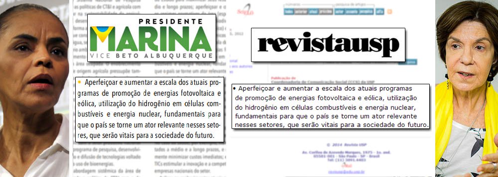 Surgem novas evidências de que o programa de governo de Marina Silva foi feito de improviso; trechos inteiros do capítulo "Educação, cultura e ciência, Tecnologia e Inovação" foram copiados de um artigo da USP sem citar a fonte e o autor, como é comum em casos de plágio; prática é duramente rechaçada pela comunidade acadêmica e demonstra falta de ética; nessa semana, o candidato do PSDB, Aécio Neves, acusou Marina de plagiar parte do Programa Nacional de Direitos Humanos (PNDH), lançado por FHC em 2002; "Ela poderia ter pelo menos dado crédito aos autores verdadeiros da proposta e a FHC", disse; coordenadora do programa é Neca Setubal, herdeira do banco Itaú