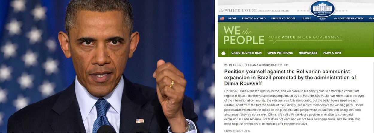 Petição criada no site da Casa Branca pedia que o governo do presidente Barack Obama "se posicionasse" contra a "expansão bolivariana comunista no Brasil promovida pelo governo de Dilma Rousseff"; após ultrapassar 100 mil assinaturas, a Embaixada dos EUA em Brasília se pronunciou, afirmando que as petições da página "não representam as opiniões do governo dos EUA" e que o país já se expressou sobre as eleições anteriormente; Obama parabenizou Dilma por nota e depois por telefone depois de sua vitória no segundo turno
