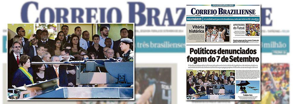 Foto na primeira página da edição de segunda-feira (8/9) do Correio Braziliense coloca deliberadamente o rosto da presidente da República, Dilma Rousseff, na mira de uma metralhadora do carro blindado do Exército Brasileiro, que desfila na parada de 7 de setembro, em Brasília; estando na capa, trata-se de uma escolha de responsabilidade dos editores do jornal