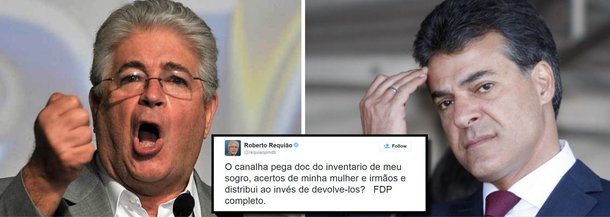 Senador e candidato ao governo do Paraná pelo PMDB, Roberto Requião acusa o adversário e governador Beto Richa (PSDB) de distribuir a eleitores um inventário (documento com relação de bens) de seu sogro; segundo o parlamentar, sua mulher esqueceu o documento na residência oficial do governo estadual, na Grande Curitiba; "O canalha pega doc do inventario de meu sogro, acertos de minha mulher e irmãos e distribui ao invés de devolve-los? FDP completo", escreveu Requião, em sua conta no Twitter