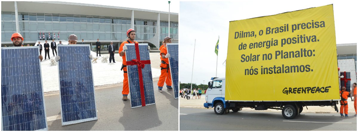 Ativistas da organização não governamental Greenpeace fizeram nesta quinta-feira 23 uma ação, em frente ao Palácio do Planalto, para pedir ao governo que incentive o uso da energia solar; integrantes da ONG foram recebidos por representante da Secretaria-Geral da Presidência e entregaram uma carta endereçada à presidenta Dilma e uma placa de geração de energia solar