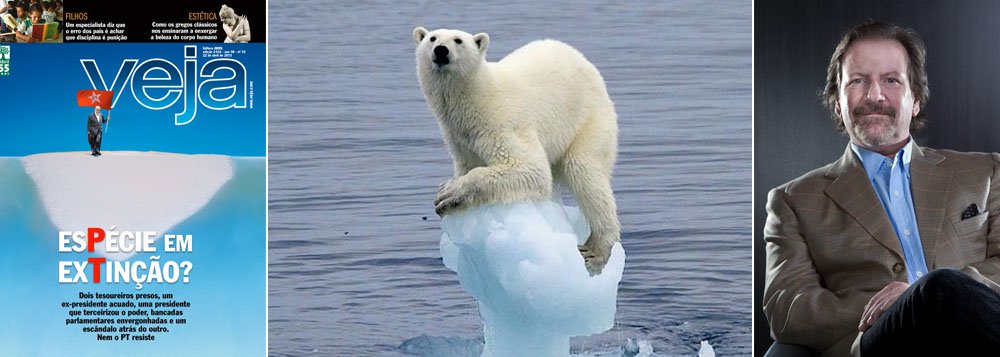 A capa de Veja desta semana em que a revista demitiu 40 profissionais e fechou dois suplementos, Veja BH e Veja Brasília, prevê o fim do Partido dos Trabalhadores, que seria uma espécie em extinção; "Dois tesoureiros presos, um ex-presidente acuado, uma presidente que terceirizou o poder, bancadas parlamentares envergonhadas e um escândalo atrás do outro. Nem o PT resiste", diz Veja; revista pertence ao empresário Giancarlo Civita, que já vendeu o braço educacional da Abril, entregou diversos andares da sua sede e também luta pela própria sobrevivência na era digital; quem irá para o Parque dos Dinossauros?