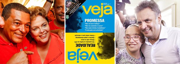 Uma semana depois de devolver metade dos andares que ocupava na Marginal Pinheiros, a Editora Abril, da família Civita, voltou ao palanque; numa edição de Veja em que se pinta com as cores usadas pelo PSDB na campanha presidencial, a publicação aponta o que vê como contrastes entre o discurso de campanha da presidente Dilma Rousseff e as primeiras medidas adotadas no início do segundo mandato; internamente, em entrevista, o senador Aécio Neves (PSDB-MG) afirma que o povo brasileiro foi traído e diz ter havido "estelionato eleitoral"; em seguida, quem apanha é Lula, possível candidato em 2018