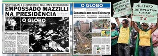 Em sua edição desta segunda-feira, o jornal O Globo, dos irmãos Marinho, noticia que a democracia brasileira viveu ontem uma nova apoteose; na chamada de capa, "informa-se" que "pelo menos 2 milhões de pessoas foram às ruas em todos os estados protestar contra o governo Dilma e o PT, defendendo a democracia em manifestações pacíficas marcadas pelo verde e amarelo", como se pode notar, claramente, na foto acima, em que democratas pedem intervenção militar supostamente em inglês e alemão; em 1964, no dia em que o Brasil foi atirado às trevas por 21 anos, o Globo também comemorou, com o editorial "Ressurge a democracia"; de lá para cá, nada mudou: a Globo manipula, combate o trabalhismo e há quem acredite que tirania é democracia