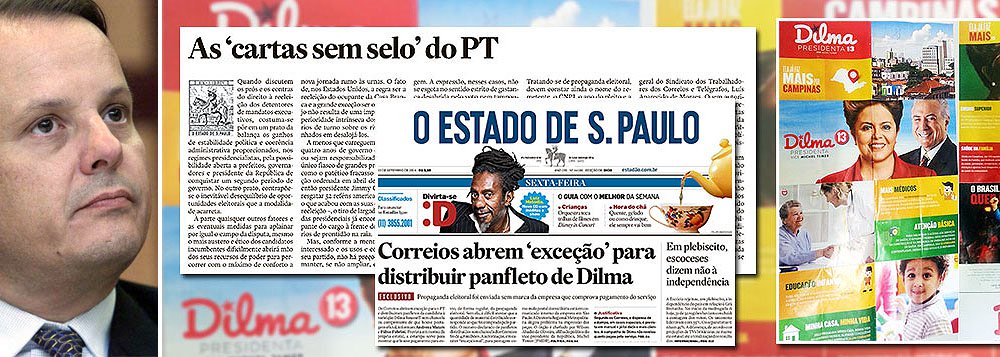 Coligação pela reeleição de Dilma Rousseff denuncia no TSE “instrumento de conotação eleitoral travestido de matéria jornalística” publicado pelo jornal comandado por Francisco de Mesquita Neto; reportagem “denunciava” distribuição pelos Correios de panfletos da candidata petista sem registro de controle; “A informação é desabridamente inverídica e o veículo de imprensa estava ciente de que a afirmação não guardava pertinência com a realidade”, diz a ação que exige direito de resposta em página inteira do jornal; colunista Paulo Moreira Leite já havia demonstrado a fragilidade da acusação