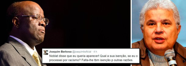 Descontrolado, ex-presidente do STF rebate o jornalista Ricardo Noblat, que escreveu que Barbosa queria chamar atenção com seus ataques contra o ministro da Justiça, José Eduardo Cardozo; "Noblat disse que eu queria aparecer! Qual a sua isenção, se eu o processei por racismo? Falta-lhe tbm isenção p outras razões", respondeu, pelo Twitter; segundo ele, é "incrível como torcem e retorcem" o que diz; Joaquim Barbosa pediu a demissão do ministro Cardozo no último sábado, por ter se encontrado com advogados da Operação Lava Jato