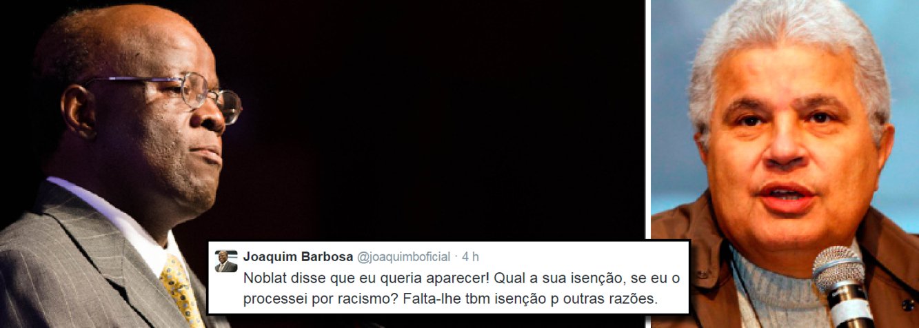 Descontrolado, ex-presidente do STF rebate o jornalista Ricardo Noblat, que escreveu que Barbosa queria chamar atenção com seus ataques contra o ministro da Justiça, José Eduardo Cardozo; "Noblat disse que eu queria aparecer! Qual a sua isenção, se eu o processei por racismo? Falta-lhe tbm isenção p outras razões", respondeu, pelo Twitter; segundo ele, é "incrível como torcem e retorcem" o que diz; Joaquim Barbosa pediu a demissão do ministro Cardozo no último sábado, por ter se encontrado com advogados da Operação Lava Jato